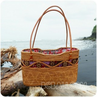 natural handmade rattan shopping handbags leather handle